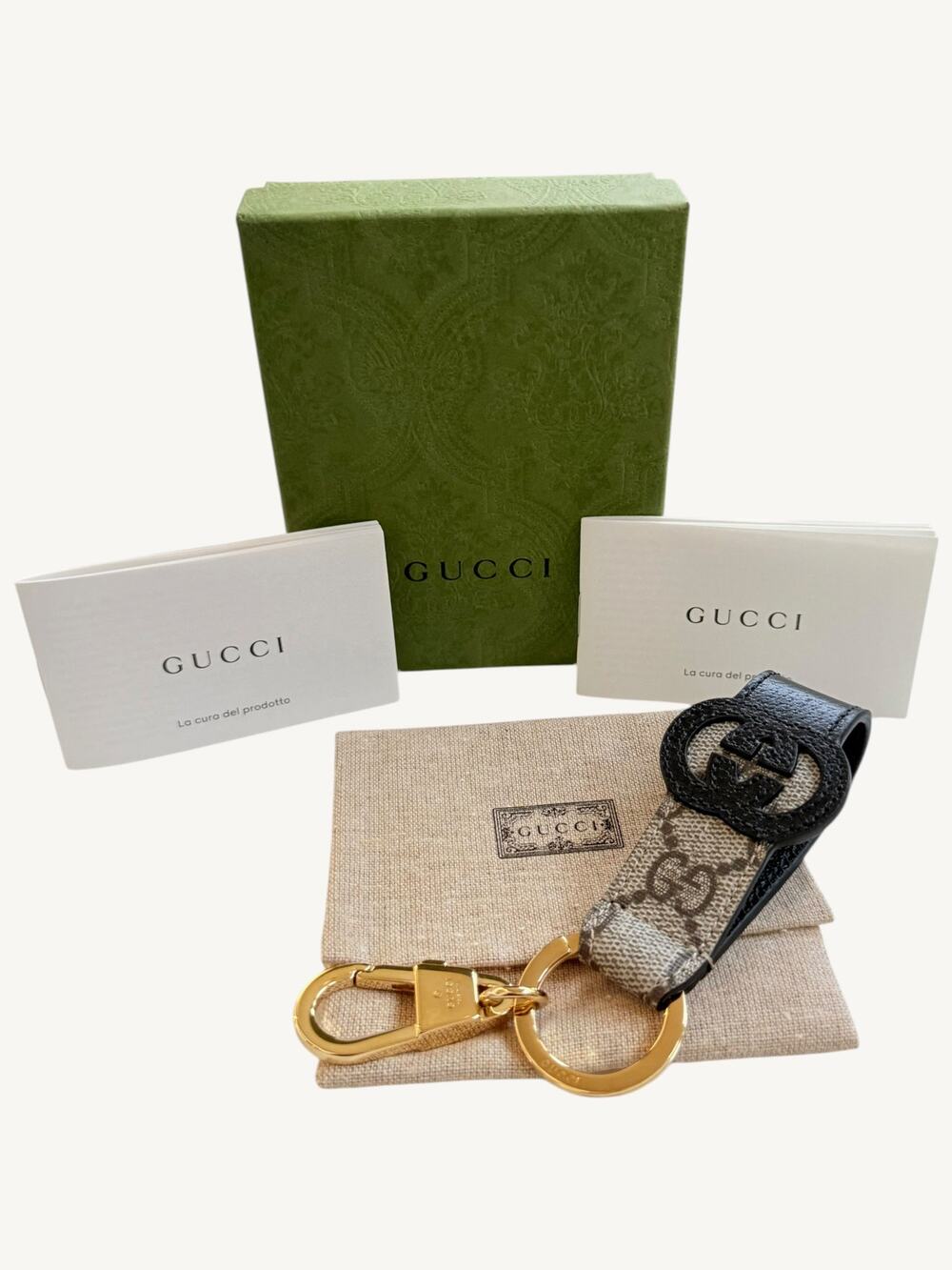 Gucci Interlocking G Keychain Ring Bag Charm GG Supreme Black Leather 701432 NIB